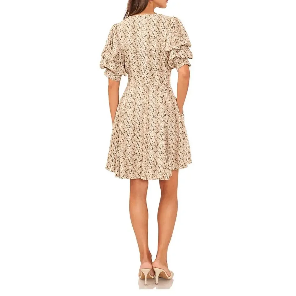 1.State NWT V-Neck Mini Dress Sz XS Oatmeal Bubble‎ Puff Sleeve Hi-Low Hem Swing